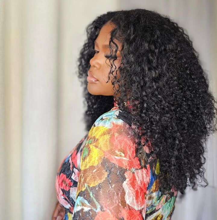 QWB Queen Weave Beauty - Installation demonstration showing how the product integrates with natural hair. Pre-plucked edges and baby hairs create undetectable hairline when installed using standard glue/tape methods.
