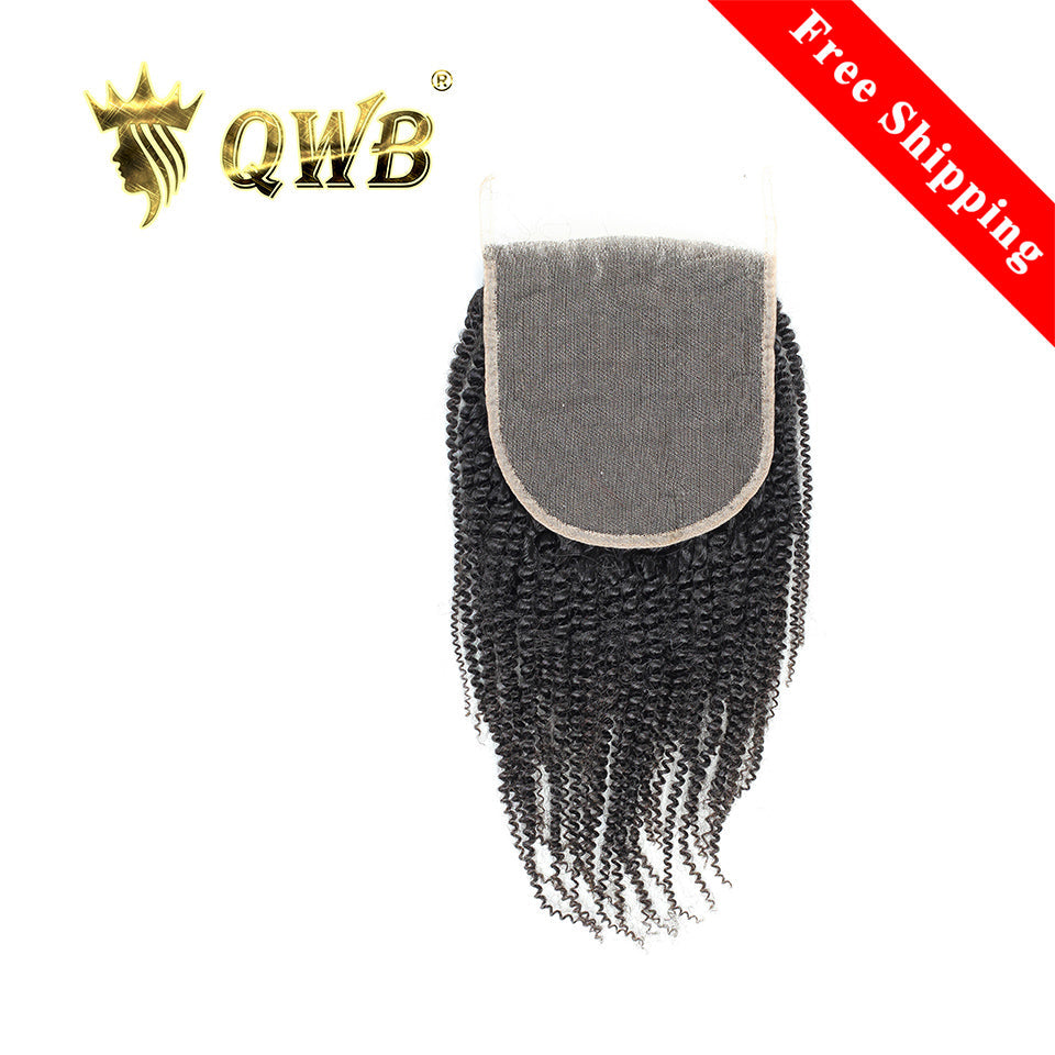 QWB Coily Curly 5x5 Inch HD Lace Closure - Main front view showing tight coily springy curl pattern in deep black #1b color. Transparent HD lace closure base reveals undetectable 5x5 square coverage area with 0.6 inch pre-plucked natural baby hairs and free-part design for versatile styling.