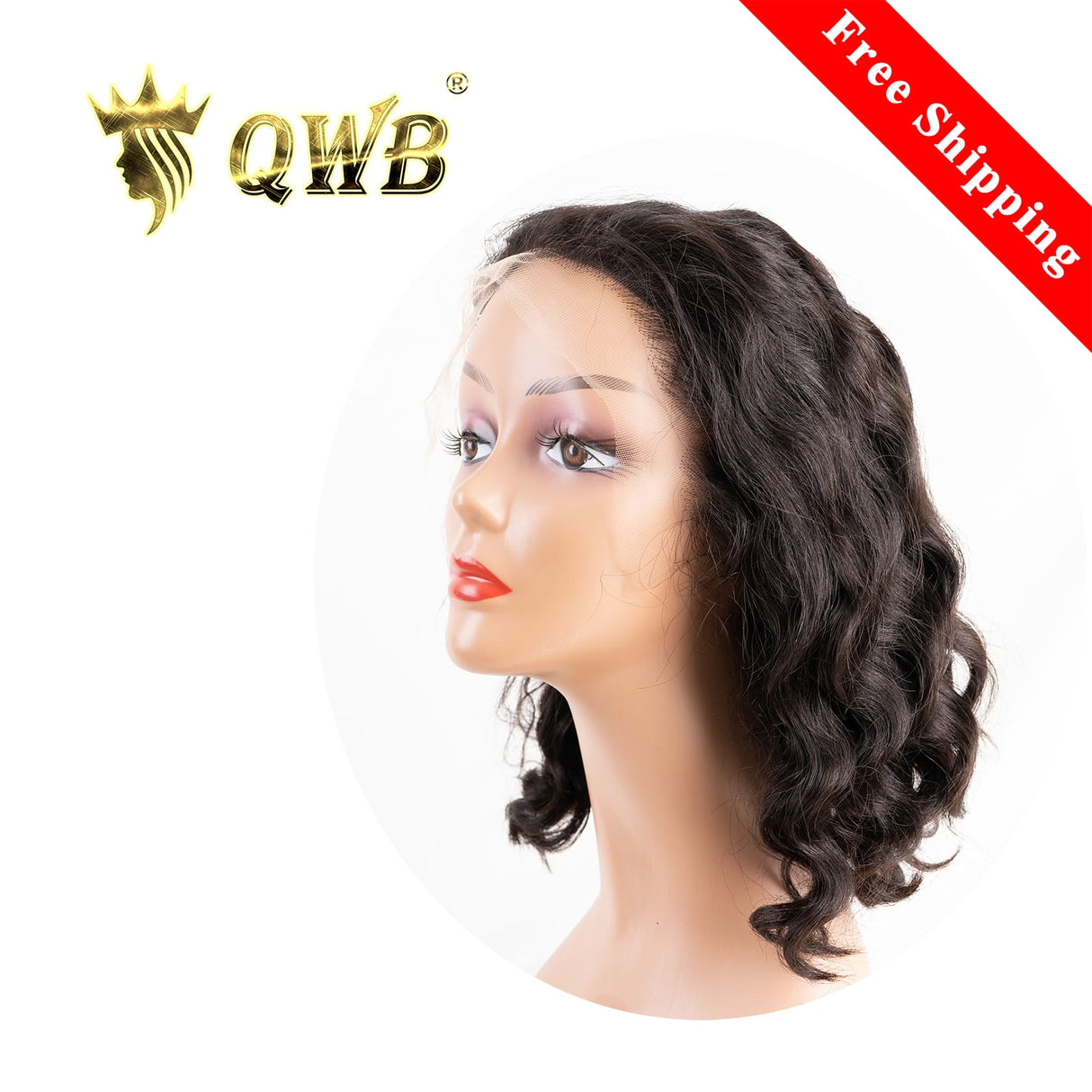 QWB Loose Wave Bob Wig 13x5 HD Lace Frontal - Main front view showing gentle S-shaped loose wave pattern at short bob length (8-12 inches). Brazilian virgin human hair styled on mannequin head with transparent 13x5 inch HD lace frontal base revealing undetectable wider ear-to-ear-plus coverage. V-sh
