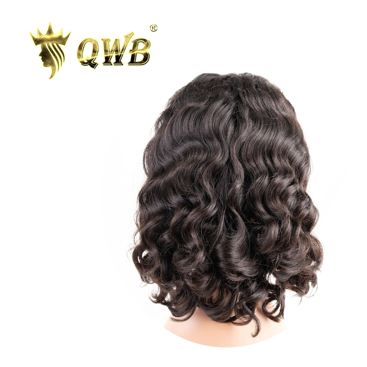 QWB Loose Wave Bob Wig V-Shaped Ear Tabs Detail - Close-up of distinctive V-shaped ear tab design holding down sideburn area for natural appearance. Transparent HD lace construction from ear to ear with extended coverage, pre-plucked edges allowing free-parted versatility. Lightweight breathable 13x