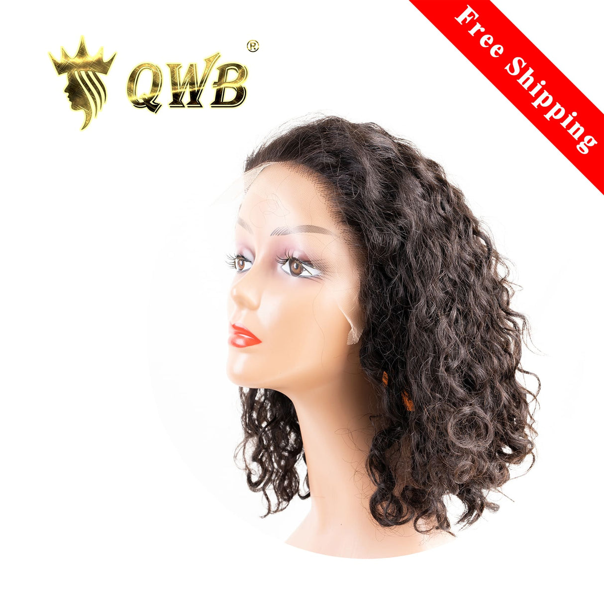 QWB Queen Weave Beauty - Main hero product shot featuring single piece of loose flowing S-shaped water wave pattern with natural bounce in natural deep black (#1b) color. 13x5 inch transparent lace frontal with deep part design and V-shaped ear tabs. Premium cuticle intact 100% virgin Brazilian hair