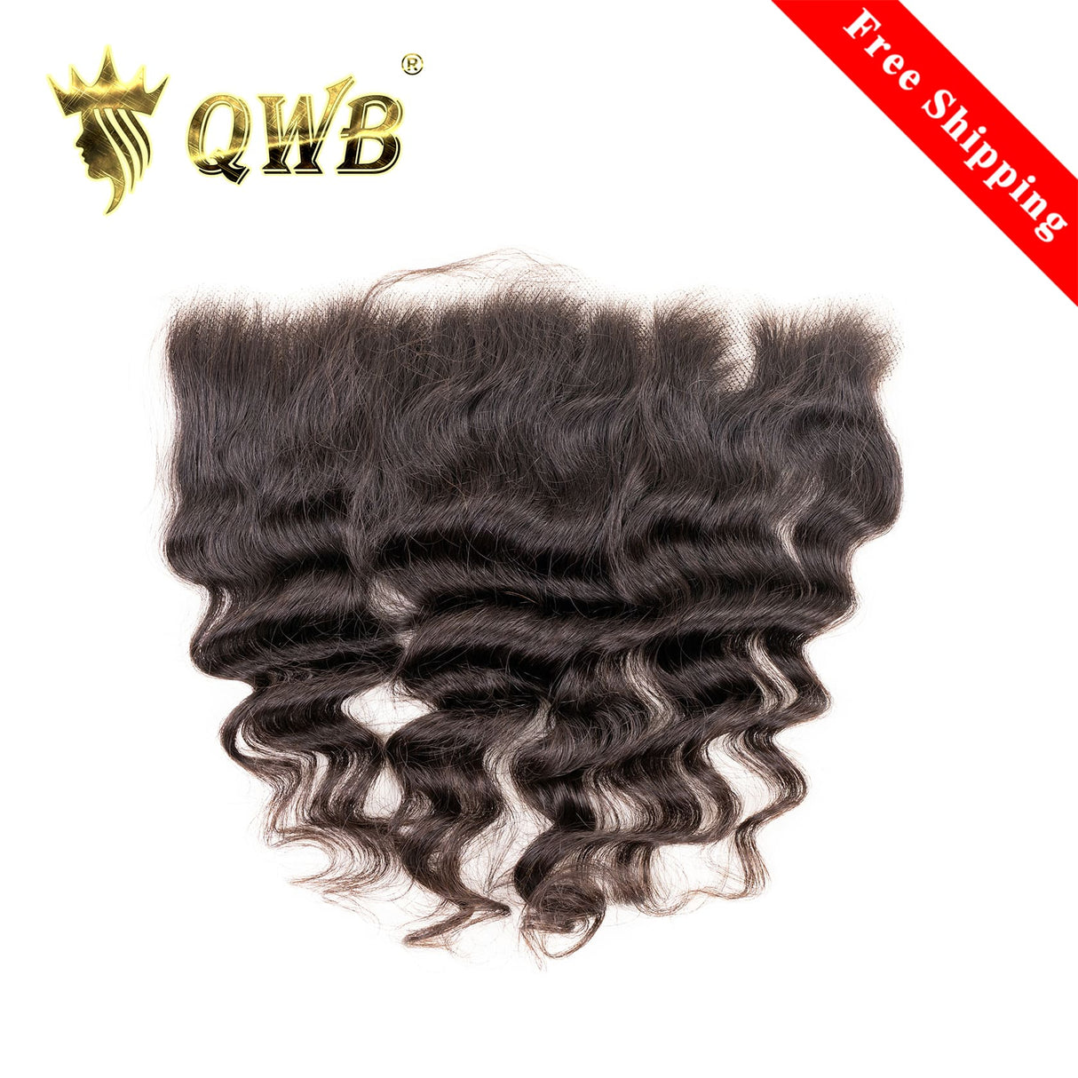 QWB Loose Wave 13x4 HD Lace Frontal - Main front view showing gentle S-shaped loose wave texture in natural color #1b. Transparent HD lace base reveals undetectable hairline with 0.6 inch pre-plucked natural baby hairs and free-part design for versatile styling. 130% density Brazilian virgin human h