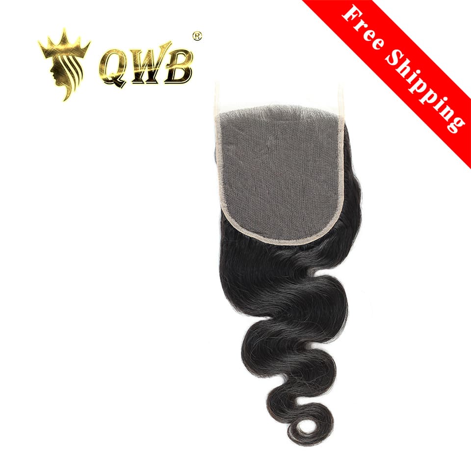 QWB Queen Weave Beauty - Main hero product shot featuring single piece of premium virgin human hair in natural deep black (#1b) color. 5x5 inch transparent Swiss HD lace closure with pre-plucked natural hairline and baby hairs for free-part styling. Premium cuticle intact 100% virgin Brazilian hair