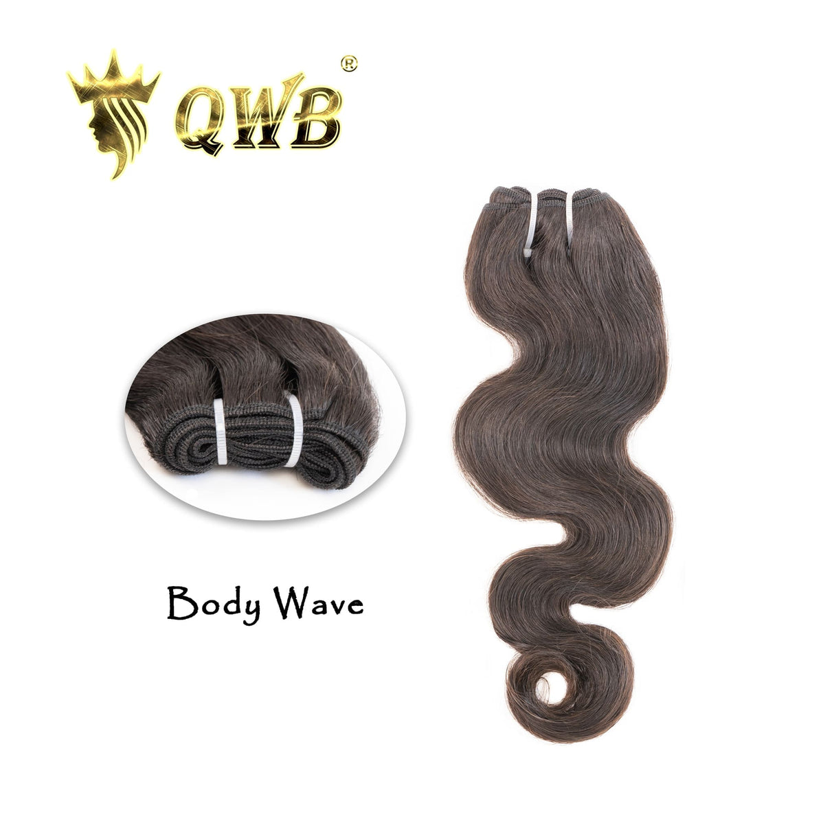 QWB Free Combination Body Wave Brazilian Virgin Hair - Main front view showing gentle S-shaped body wave pattern in natural black (#1b) Brazilian virgin human hair. Single bundle secured with white elastic bands showcasing 98-100g weight and substantial volume. No chemical processing ensures cuticle
