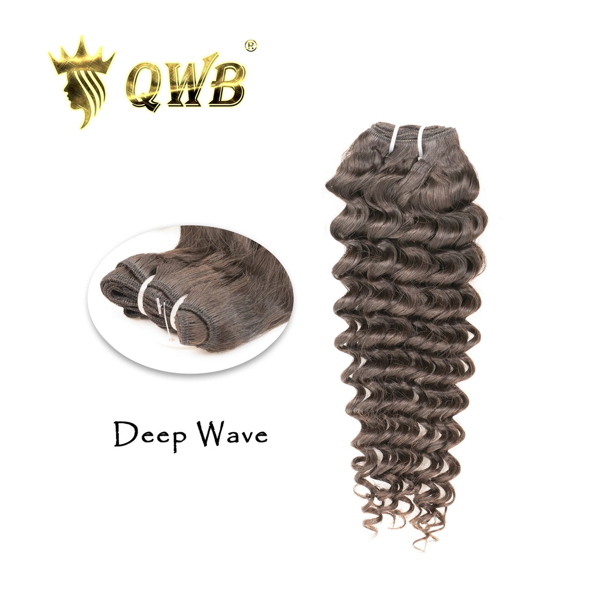 QWB Queen Weave Beauty - Main hero product shot featuring single piece of tightly coiled deep wave S-pattern curl formation in natural deep black (#1b) color. . Premium cuticle intact 100% virgin Brazilian hair with minimum shedding and tangle-free performance, estimated 2-3 year lifespan displayed