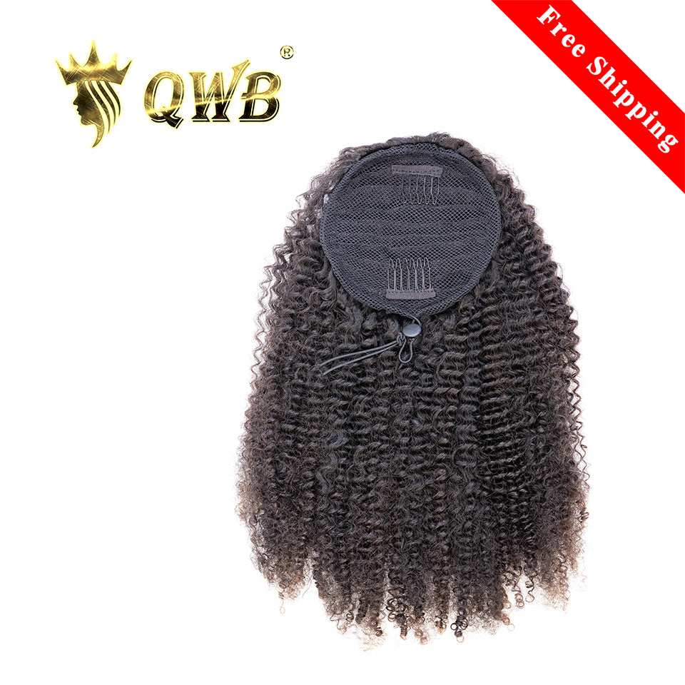 QWB Afro Kinky Curly Drawstring Ponytail Extension - Main front view showing dense tight afro kinky springy curls in deep natural black #1B color. Convenient drawstring attachment base allows secure fit around natural hair bun. Brazilian virgin human hair ponytail extension available in 14-22 inch l