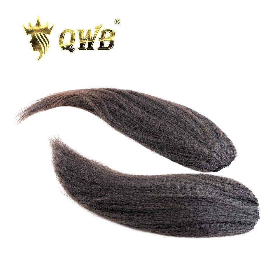 QWB Kinky Straight Drawstring Ponytail Extension close-up macro shot highlighting seamless drawstring attachment mechanism and premium kinky straight hair texture construction. Circular dark mesh cap base showing reinforced stitching around perimeter where elastic drawstring cord is securely encased
