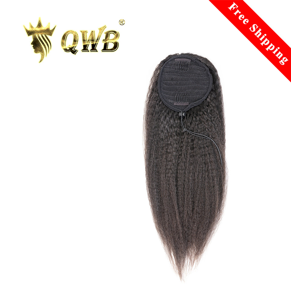 QWB Kinky Straight Drawstring Ponytail Extension Brazilian 100% Virgin Hair main view showing a complete drawstring ponytail hair extension system. Deep natural #1b black kinky straight texture (steam-processed virgin hair with characteristic small braided/coiled pattern from high temperature treatm