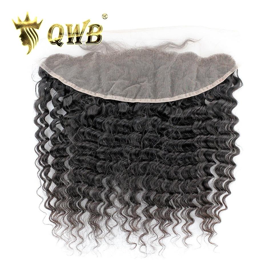 QWB Deep Wave 13x4 Inch Light Brown Lace Frontal Brazilian Virgin Hair - Main view showing tight spiral deep wave textured hair in natural black (#1b). 13x4 inch transparent light brown lace frontal piece extending ear to ear for full coverage area. Pre-plucked natural hairline with baby hairs, 130%