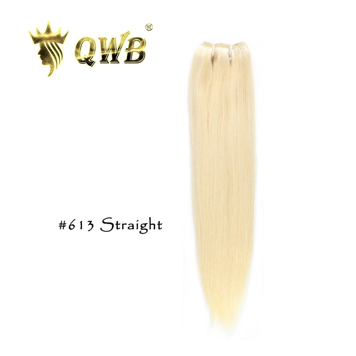 QWB Queen Weave Beauty - Main hero product shot featuring single piece of premium virgin human hair in natural deep black (#1b) color. . Premium cuticle intact 100% virgin Brazilian hair with minimum shedding and tangle-free performance, estimated 2-3 year lifespan displayed vertically to showcase f