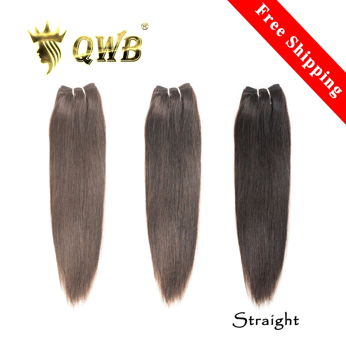 QWB Queen Weave Beauty - Main hero product shot featuring 3 bundles of premium virgin human hair in natural deep black (#1b) color. . Premium cuticle intact 100% virgin Brazilian hair with minimum shedding and tangle-free performance, estimated 2-3 year lifespan displayed vertically to showcase full