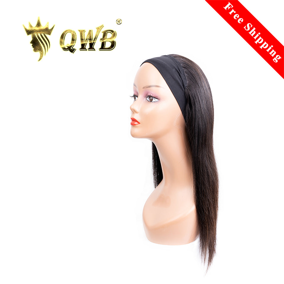 QWB Queen Weave Beauty - Main hero product shot featuring single piece of premium virgin human hair in natural deep black (#1b) color. . Premium cuticle intact 100% virgin Brazilian hair with minimum shedding and tangle-free performance, estimated 2-3 year lifespan displayed vertically to showcase f