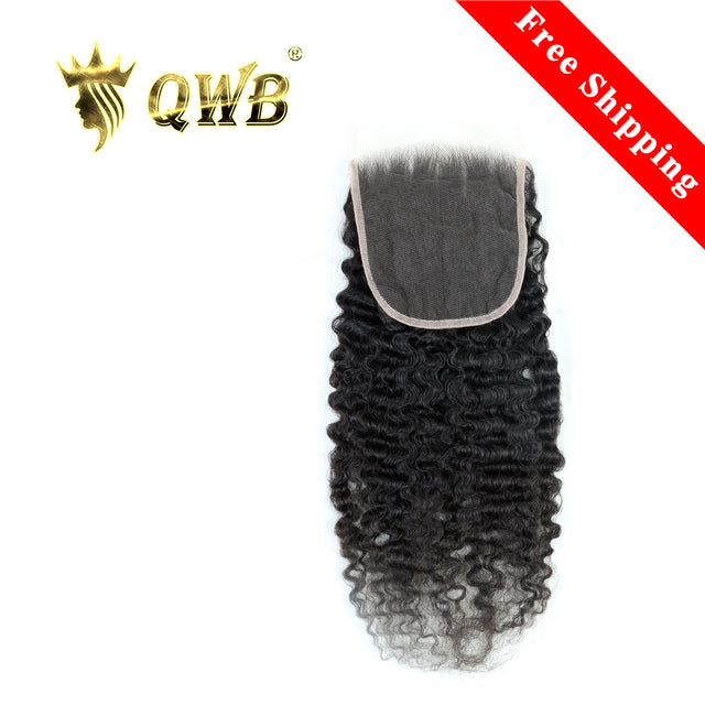 QWB Queen Weave Beauty - Main hero product shot featuring single piece of distinctive S-pattern tight ringlets with high-volume bouncy texture in natural deep black (#1b) color. 5x5 inch transparent Swiss HD lace closure with pre-plucked natural hairline and baby hairs for free-part styling. Premium