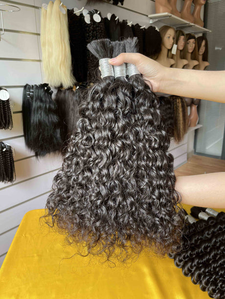 Brazilian Virgin Hair Bulk Installation View - Bulk hair bundles demonstrating natural blending when used for professional braiding installations. Three texture varieties (water wave flowing S-curves, loose wave gentle waves, deep wave tight coils) create versatile styling options with seamless inte