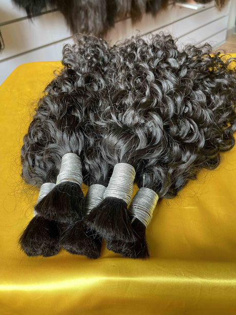 QWB Bulk Hair Texture Close-up - Macro shot highlighting cuticle intact 100% human hair strands showing premium quality materials and attention to detail. Three distinct texture options available: Water Wave with flowing S-shaped curves, Loose Wave with gentle wavy pattern, and Deep Wave with tighte