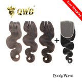 QWB Body Wave 3 Bundles With 5X5 HD Lace Closure Bundle Deals - Main front view showing three bundles of gentle S-shaped body wave textured hair standing vertically in deep natural black (#1b). Complete head coverage deal includes 3 bundles plus matching 5x5 inch transparent Swiss HD lace closure la