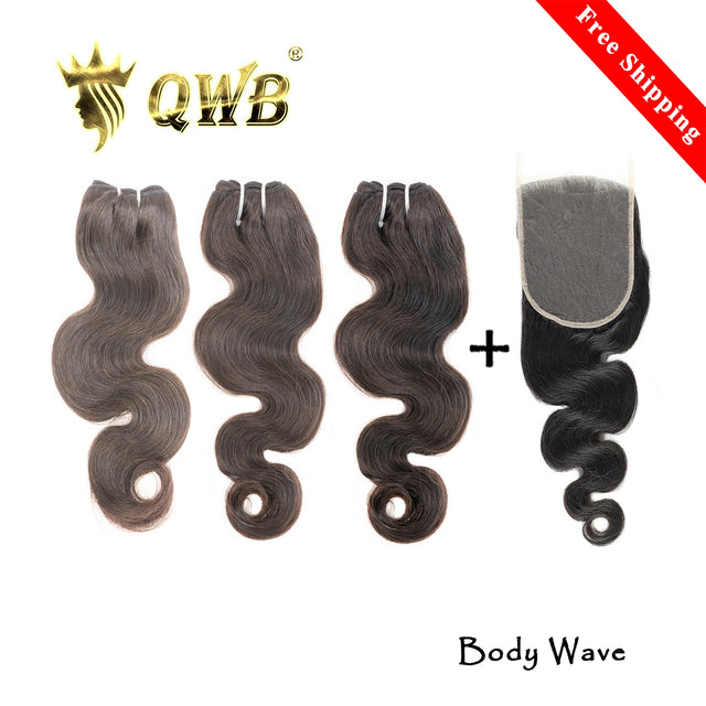QWB Body Wave 3 Bundles With 5X5 HD Lace Closure Bundle Deals - Main front view showing three bundles of gentle S-shaped body wave textured hair standing vertically in deep natural black (#1b). Complete head coverage deal includes 3 bundles plus matching 5x5 inch transparent Swiss HD lace closure la