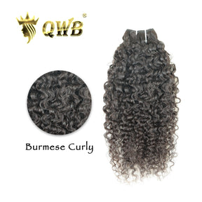QWB Free Combination Burmese Curly Brazilian Virgin Hair main front view showing premium individual bundle unit of 100% virgin human hair in natural deep black (#1b) color with distinctive tight 3b/3c curly texture pattern from steam processing creating defined uniform ringlet curl formation extendi