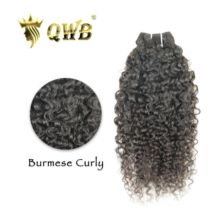 QWB Free Combination Burmese Curly Brazilian Virgin Hair main front view showing premium individual bundle unit of 100% virgin human hair in natural deep black (#1b) color with distinctive tight 3b/3c curly texture pattern from steam processing creating defined uniform ringlet curl formation extendi