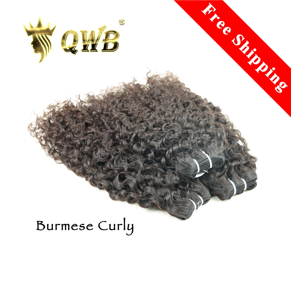 QWB Queen Weave Beauty - Main hero product shot featuring 3 bundles of distinctive S-pattern tight ringlets with high-volume bouncy texture in natural deep black (#1b) color. . Premium cuticle intact 100% virgin Brazilian hair with minimum shedding and tangle-free performance, estimated 2-3 year lif