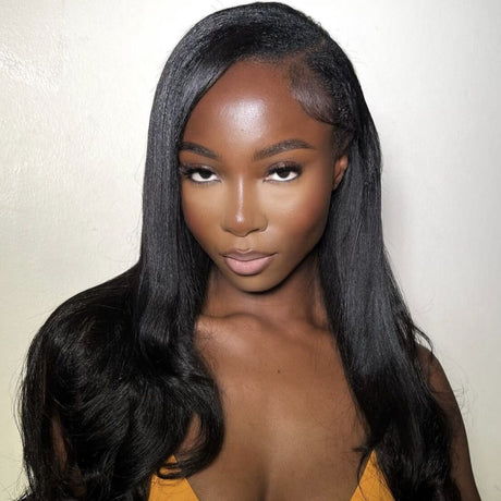 Light Yaki Side Profile Installed View - Side/back view showing installed 3-bundle light yaki straight hair creating full natural-looking head coverage. Light yaki texture provides authentic silk-pressed appearance blending seamlessly with most customers' natural hair while maintaining manageable de