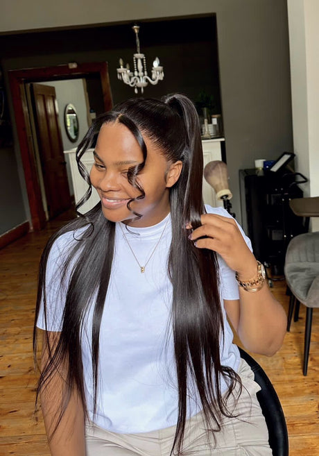 QWB Queen Weave Beauty - Installation demonstration showing how the product integrates with natural hair. Pre-plucked edges and baby hairs create undetectable hairline when installed using standard glue/tape methods.