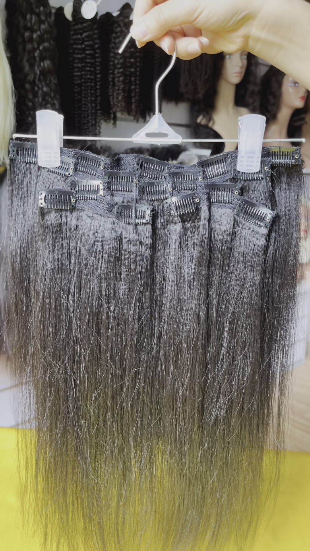 QWB Light Yaki Clip Ins Seamless Extension Brazilian Virgin Hair 5PcsPack Can WandCurls or Straighten Video Demo - Real usage demonstration showing versatility, quality construction, and authentic styling from multiple angles