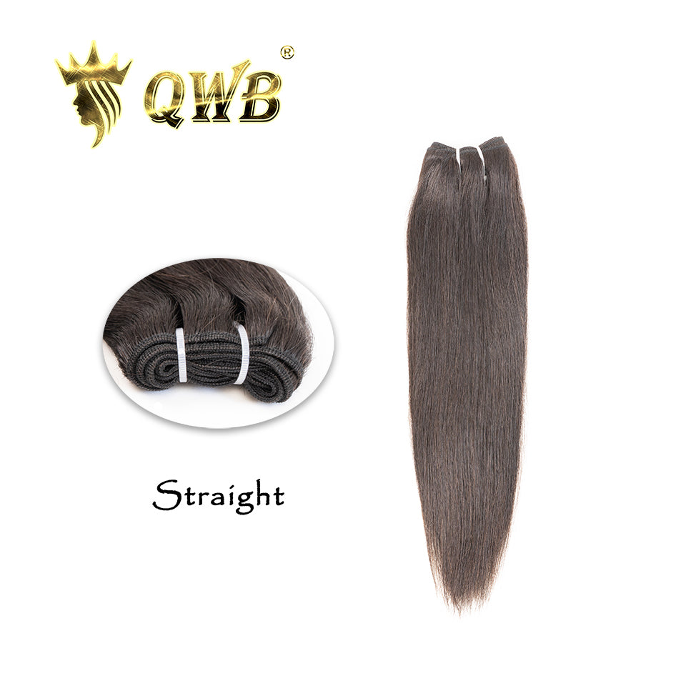 QWB Queen Weave Beauty - Main hero product shot featuring single piece of premium virgin human hair in natural deep black (#1b) color. . Premium cuticle intact 100% virgin Brazilian hair with minimum shedding and tangle-free performance, estimated 2-3 year lifespan displayed vertically to showcase f
