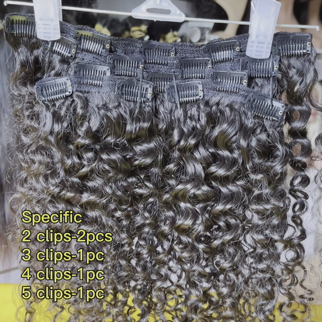 Tight Curly Clip Ins 5pcs Video Demo - Quick snap-on application tutorial showing product movement, quality construction details including triple weft stitching and metal clip mechanism, and versatile styling capabilities of Brazilian virgin hair extensions. Five-piece set demonstrates value proposi