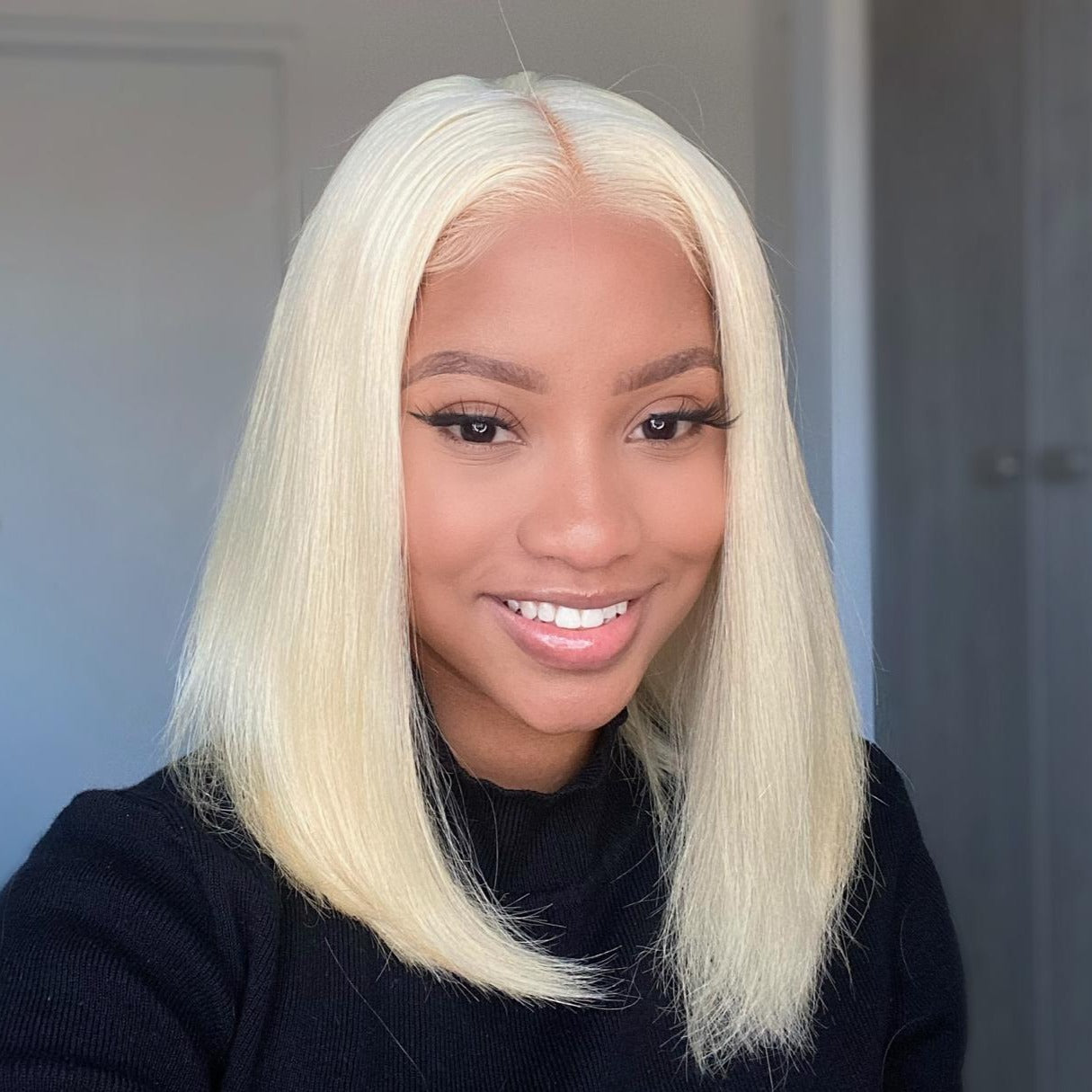 #613 Straight Hair Texture Test - Silky smooth straight texture demonstrated with no frizz or wave interference. Cuticle intact 100% virgin hair construction ensures manageable styling without tangling, suitable for heat styling and all color applications including re-bleaching to custom blonde shad