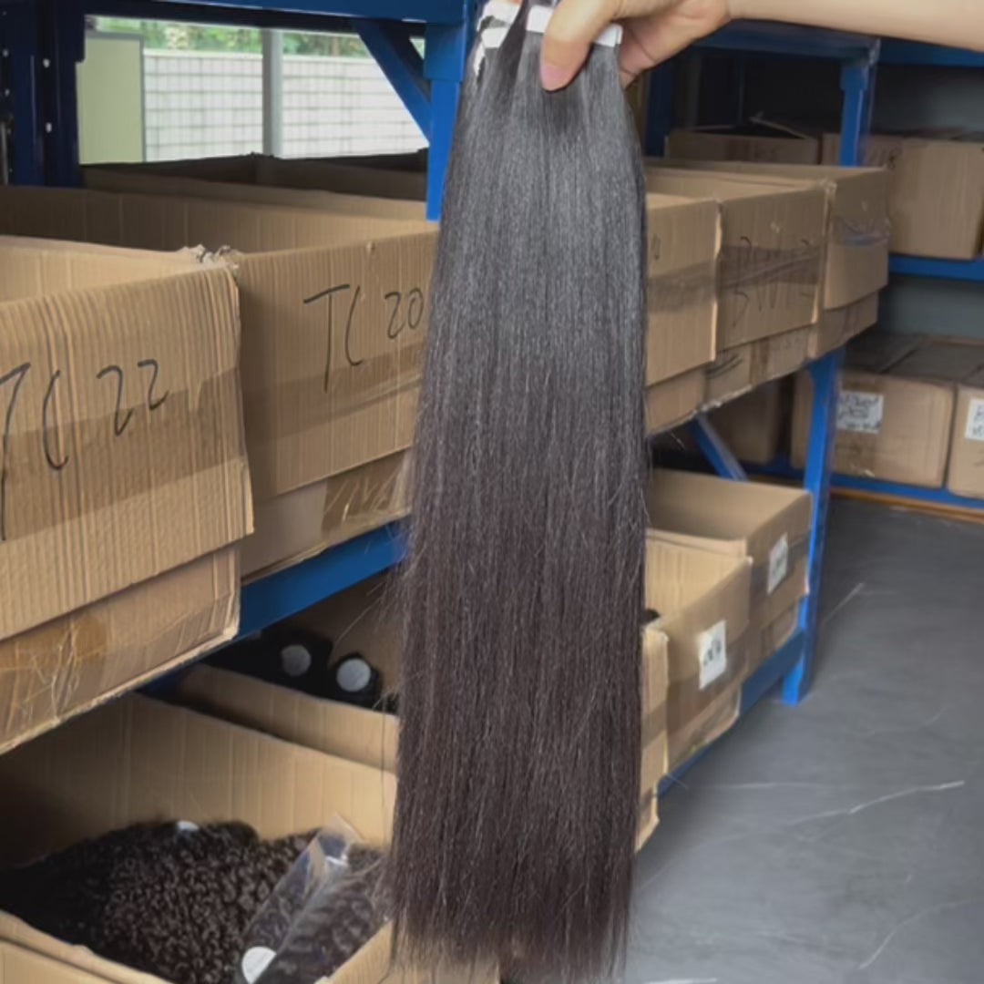 Light Yaki Tape In Installation Reference Guide - Shows how extensions layer between natural hair rows using thin weft + adhesive tape system. Reusable removable design allows reapplication with new tape strips. 3-4 workdays estimated delivery time.