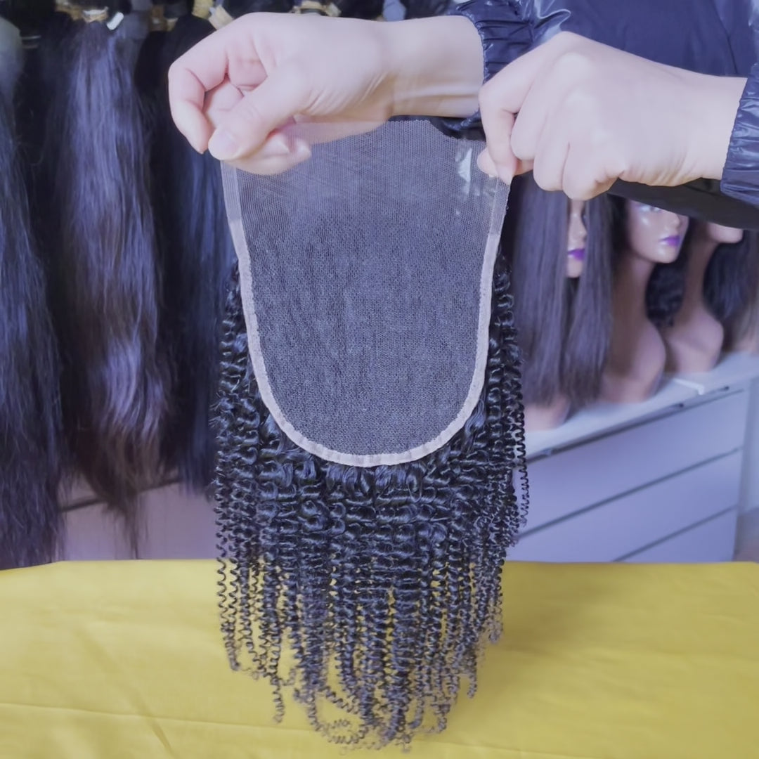 Coily Curly 5x5 HD Lace Closure Video Demo - Customer usage example showing product movement, quality construction details, and versatile styling capabilities of tight curly Brazilian virgin hair. Demonstrates how transparent HD lace remains undetectable during active wear.
