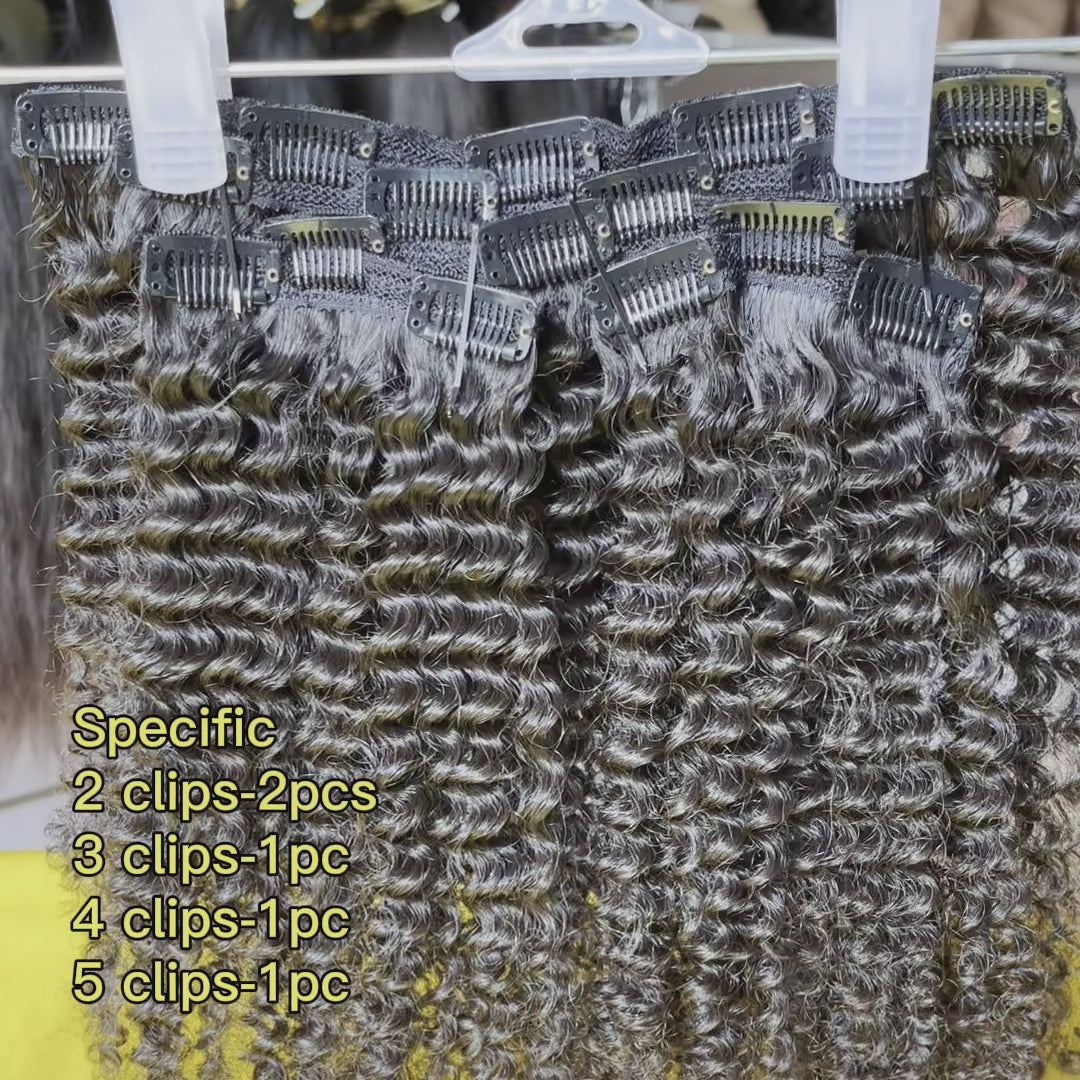 Kinky Curly Clip Ins Video Demo - Application demonstration showing product versatility, quality construction details including metal clips and seamless weft base, and authentic styling examples from multiple angles. Five pieces demonstrate easy DIY installation without professional assistance or gl
