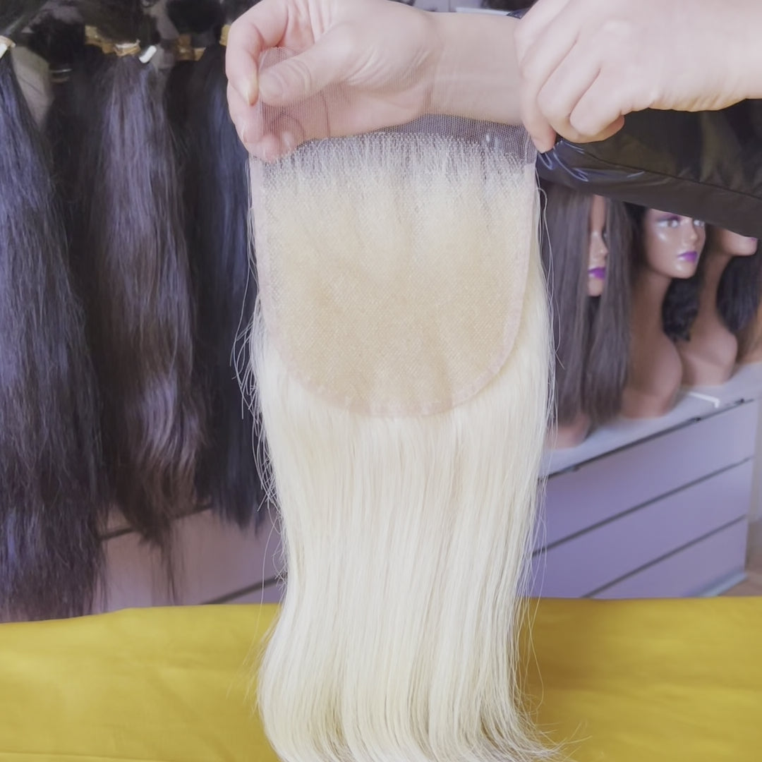 Brazilian Virgin Hair 5x5 Closure Value Package - Complete 5x5 inch HD lace closure piece in straight pin-strand texture (#613 platinum blonde). Versatile crown coverage solution suitable for extensions, wigs, or direct installation. Free shipping worldwide via DHL/Fedex in 3-4 workdays with top gra