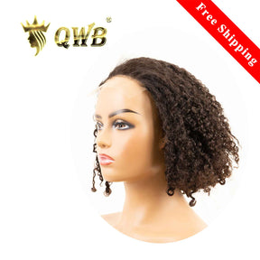 QWB Jerry Curly 5x5 HD Closure Bob Wig Brazilian Virgin Hair - Main view showing short bob-style wig with jerry curly texture (short tight spiral curls mimicking natural afro-textured hair) in natural #1b dark color. 5x5 inch transparent HD lace closure reveals undetectable hairline at center forehe