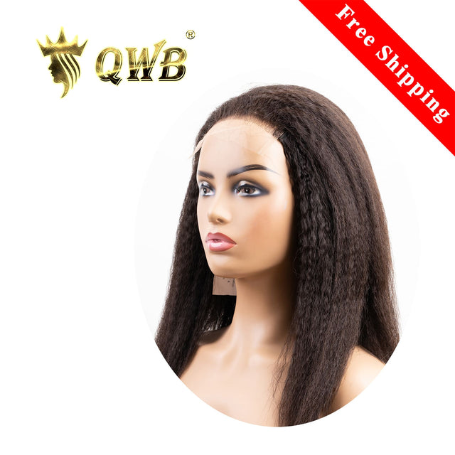 QWB Kinky Straight 5X5 HD Lace Closure Wig, 200% Density, Natural Color #1B, showcasing premium kinky straight texture.