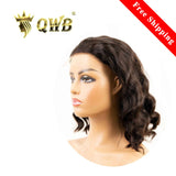 QWB Loose Wave 5x5 HD Closure Bob Wig Brazilian Virgin Hair - Side profile view showing loose wave textured bob wig on mannequin head in natural black (#1B). Gentle flowing S-shaped waves with bouncy definition in short bob cut ending around jawline/neck area (8-12 inches length). Transparent HD lac