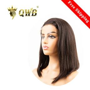 QWB Straight 5X5 HD Lace Closure Bob Wig Brazilian Virgin Hair - Main front view showing sleek pin-straight textured hair in deep natural black (#1b) styled as classic bob cut falling to jawline (8-12 inches). Compact 5x5 inch transparent Swiss HD lace closure base reveals undetectable crown coverag