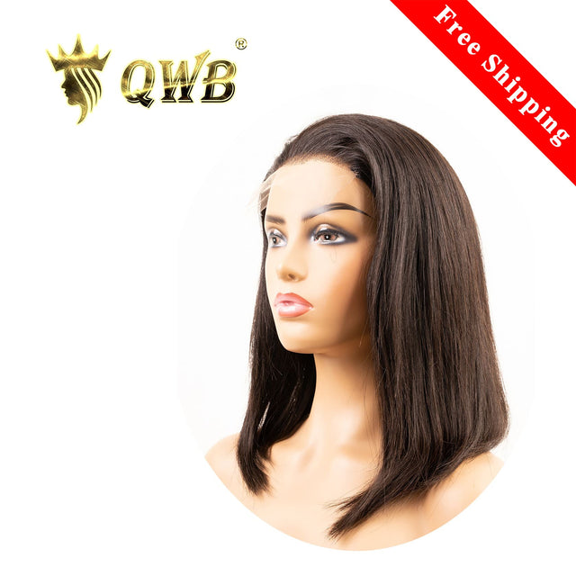 QWB Straight 5X5 HD Lace Closure Bob Wig Brazilian Virgin Hair - Main front view showing sleek pin-straight textured hair in deep natural black (#1b) styled as classic bob cut falling to jawline (8-12 inches). Compact 5x5 inch transparent Swiss HD lace closure base reveals undetectable crown coverag