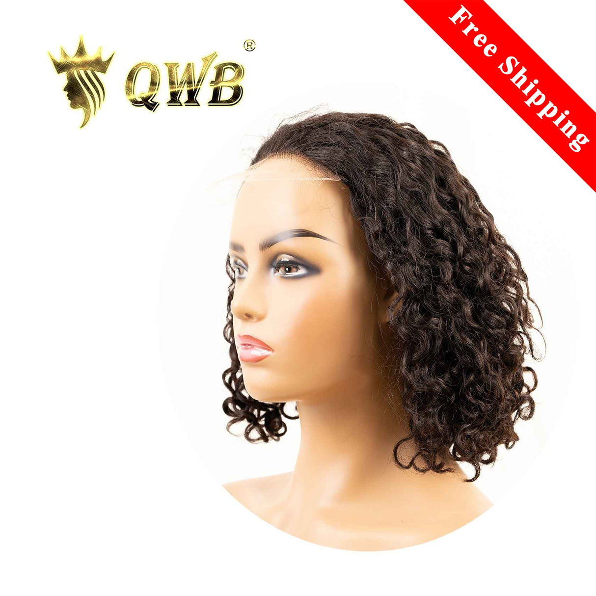 QWB Water Wave 5X5 HD Lace Closure Bob Wig Brazilian Virgin Hair - Main front view showing distinctive loose S-shaped water wave pattern in natural black (#1b) styled as classic bob cut falling to jawline (8-12 inches). Compact 5x5 inch transparent Swiss HD lace closure base reveals undetectable cro