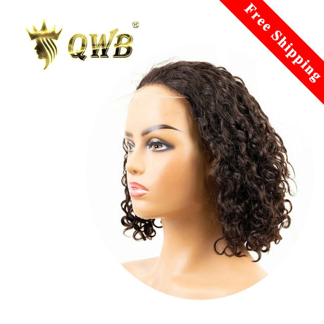 QWB Water Wave 5X5 HD Lace Closure Bob Wig Brazilian Virgin Hair - Main front view showing distinctive loose S-shaped water wave pattern in natural black (#1b) styled as classic bob cut falling to jawline (8-12 inches). Compact 5x5 inch transparent Swiss HD lace closure base reveals undetectable cro