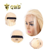 QWB #613 Blonde HD Lace Closure Net Construction Detail - Transparent Swiss lace material showing undetectable hairline and free-parted design with pre-plucked edges. Lightweight breathable 5x5 closure base suitable for extended wear comfort in all skin tones with invisible finish on platinum blonde
