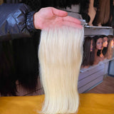 #613 Blonde Lace Closure Side Profile - Natural fit demonstration showing how transparent HD lace disappears against skin tone creating undetectable hairline finish. Premium Brazilian remy straight hair cascading naturally from closure base with seamless transition proving professional quality insta