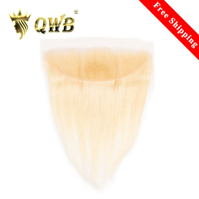 QWB 613 Blonde Straight 13X4 HD Lace Frontal - Main front view showing silky smooth platinum blonde (#613) Brazilian Remy hair on mannequin head. Transparent HD lace base reveals undetectable hairline with 0.6 inch pre-plucked natural baby hairs and free-part design for versatile styling. 130% densi