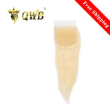 QWB #613 Blonde Straight 5x5 Inch HD Lace Closure Remy Hair - Main view showing platinum blonde (#613) straight hair on transparent 5x5 inch HD lace closure base. Centered crown placement demonstrating free-part design capability with pre-plucked natural hairline and delicate baby hairs. Premium Bra