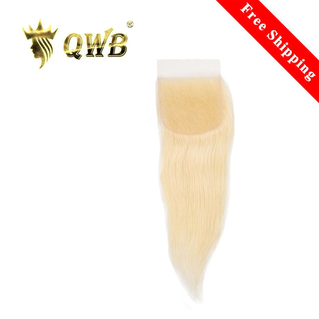 QWB #613 Blonde Straight 5x5 Inch HD Lace Closure Remy Hair - Main view showing platinum blonde (#613) straight hair on transparent 5x5 inch HD lace closure base. Centered crown placement demonstrating free-part design capability with pre-plucked natural hairline and delicate baby hairs. Premium Bra