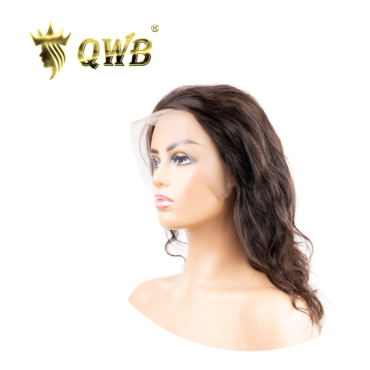 QWB Body Wave 13*4" Lace Frontal Wig 200% Density - Main front view showing gentle S-shaped body wave textured wig on mannequin head in natural virgin color close to #1b. Full 13x5 inch transparent HD lace frontal from ear to ear reveals undetectable hairline with pre-plucked natural hairline and ba