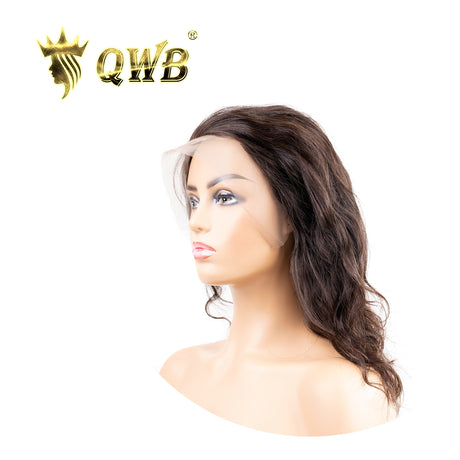 QWB Body Wave 13*4" Lace Frontal Wig 200% Density - Main front view showing gentle S-shaped body wave textured wig on mannequin head in natural virgin color close to #1b. Full 13x5 inch transparent HD lace frontal from ear to ear reveals undetectable hairline with pre-plucked natural hairline and ba