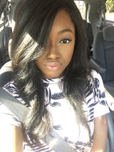 QWB Kinky Straight 13x4 Lace Frontal Wig premium complete wig construction emphasizing high-quality Brazilian human virgin hair characteristics verified through intact cuticle alignment confirming absence of chemical processing damage or synthetic blending contamination. Steam-processed kinky straig