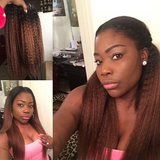 QWB Kinky Straight Brazilian virgin hair real-world customer testimonial photography documenting authentic installation results across multiple skin tone variations and natural hair types. Multiple model photographs showcasing tight straightened kinky appearance after professional installation demon